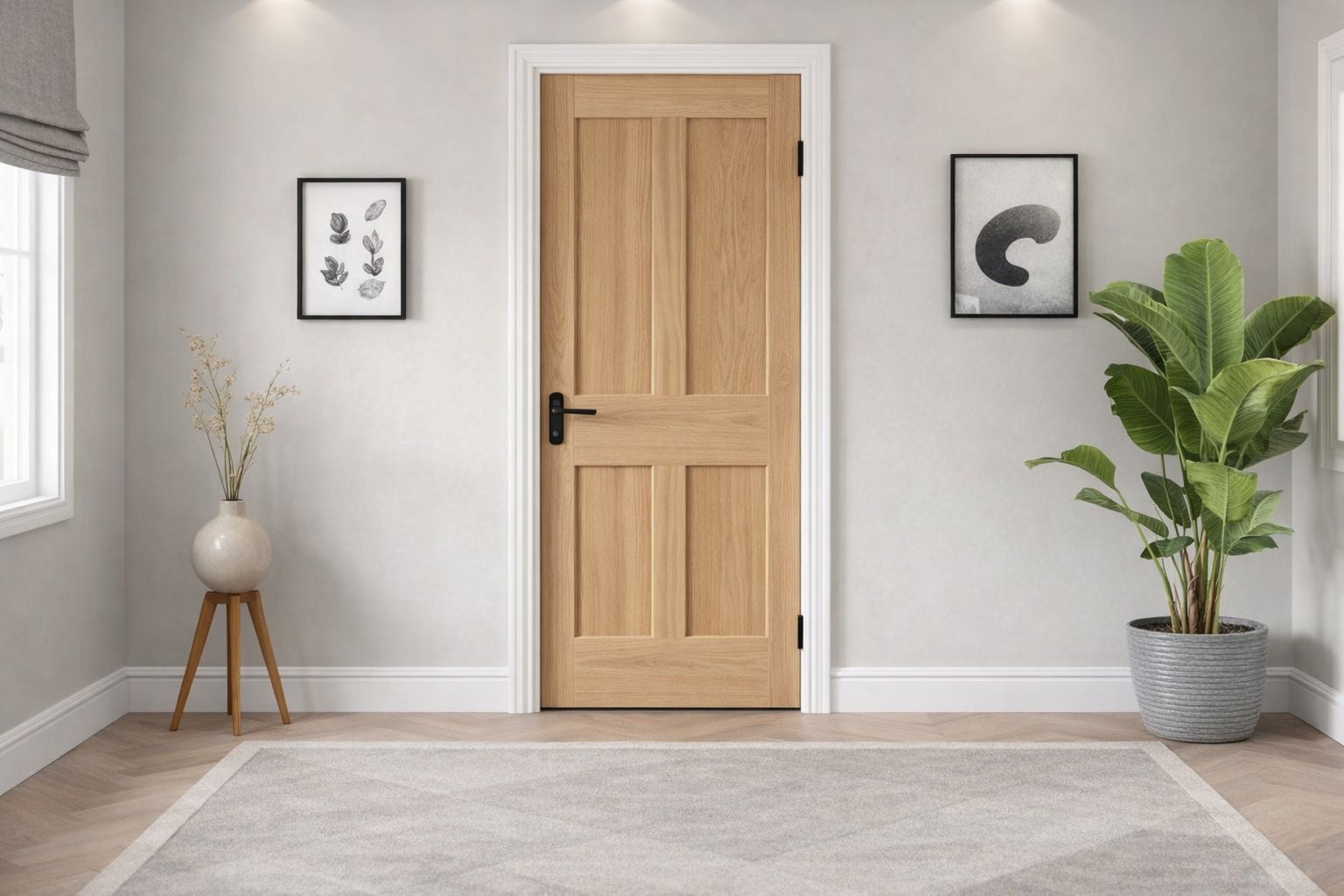 Modern innerdörr i ljust trä i ett skandinaviskt rum.