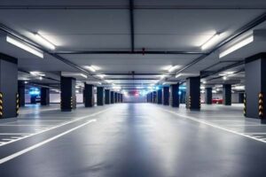 Ljust och rymligt underjordiskt garage med markerade parkeringsplatser